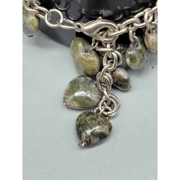 Jadeite Heart Dangling Charm Bracelet Silver Tone Oval Link Chain Adjustable 8" - Picture 5 of 13